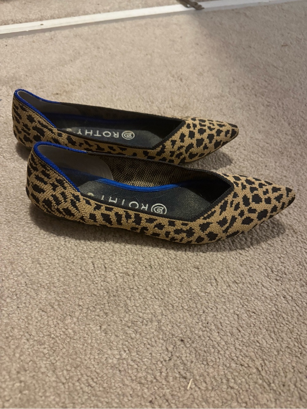 Rothy's Leopard Print Pointed Flats with Blue Trim